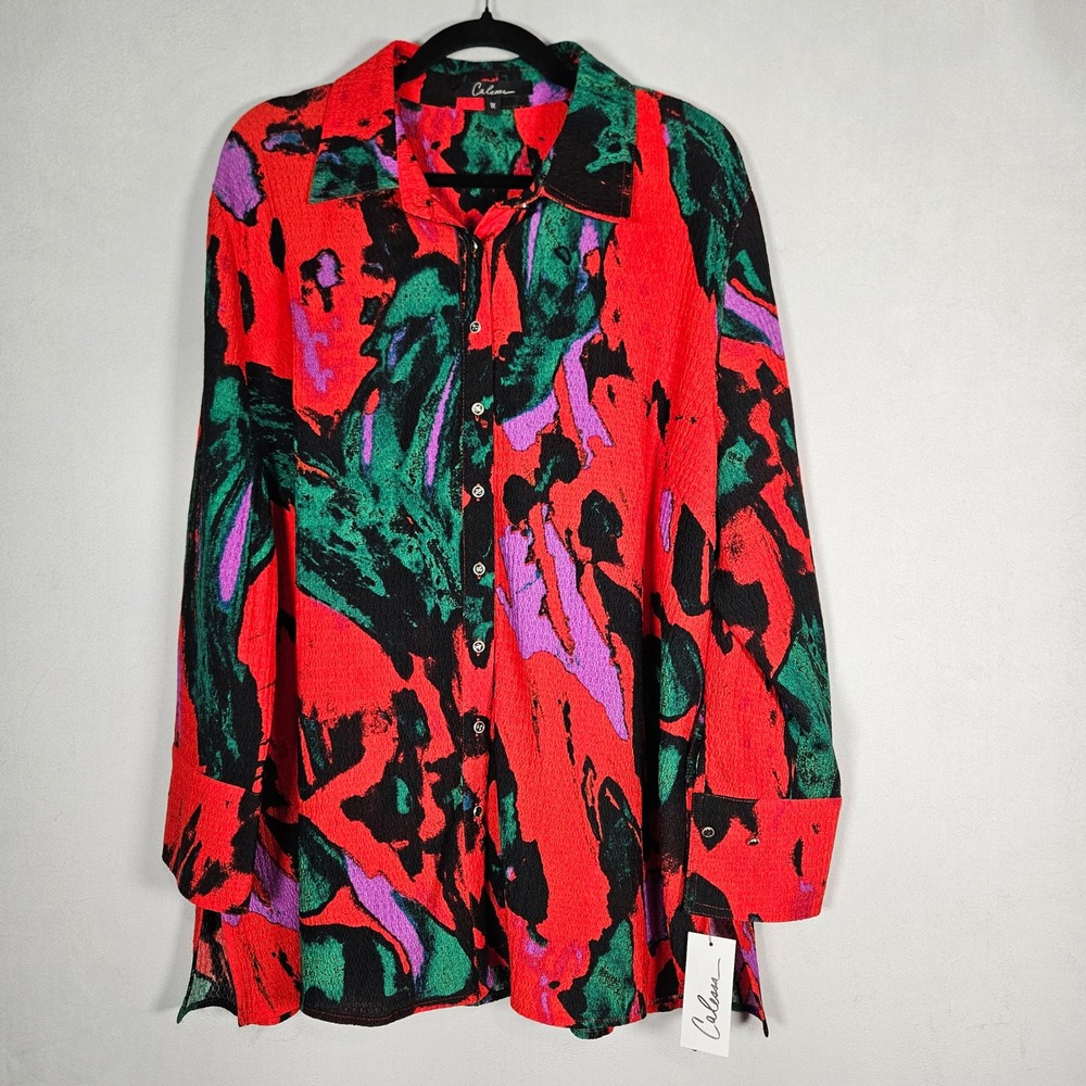 Calesa Button Front Top Women's 1X NWT Multi Abstract Crinkle Lagenlook Festival